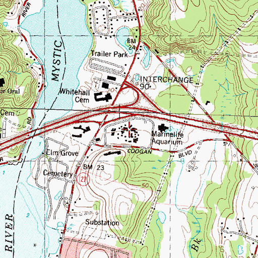 Topographic Map of Olde Mistick Village Shopping Center, CT