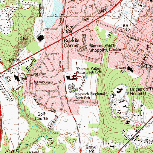 Topographic Map of Thames Valley State Technical College Learning Resources Center, CT