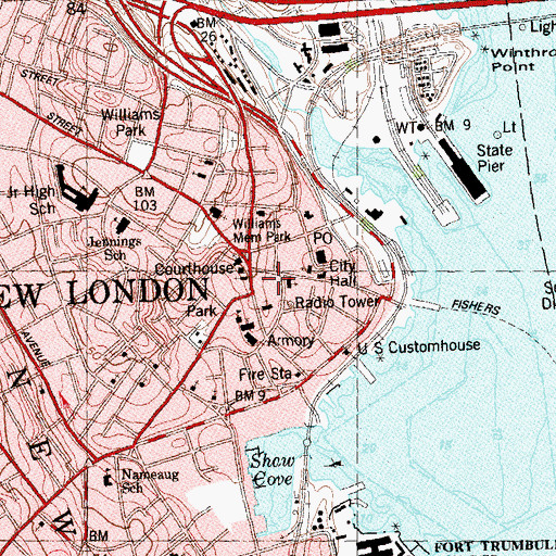Topographic Map of The Public Library of New London, CT