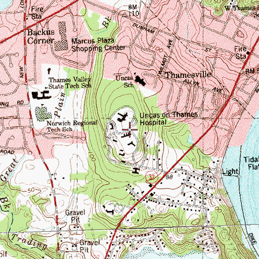 Topographic Map of Uncas on Thames Hospital, CT