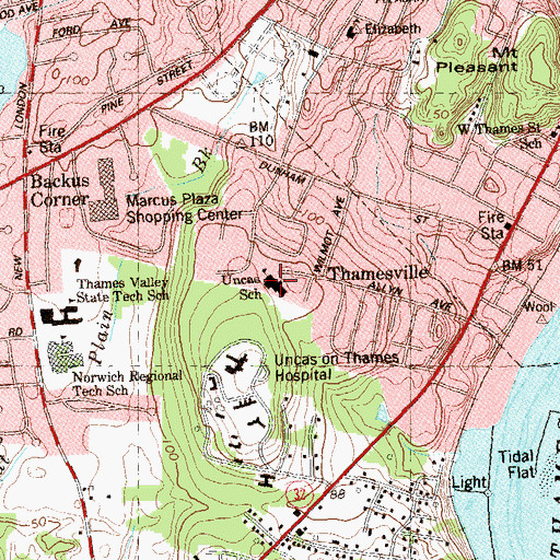 Topographic Map of Uncas School, CT