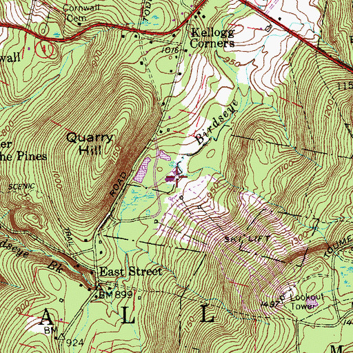 Topographic Map of Base Lodge, CT
