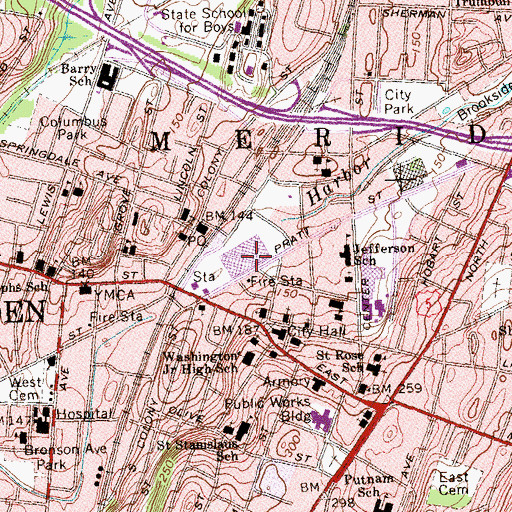 Topographic Map of Meriden Hub Shopping Center, CT