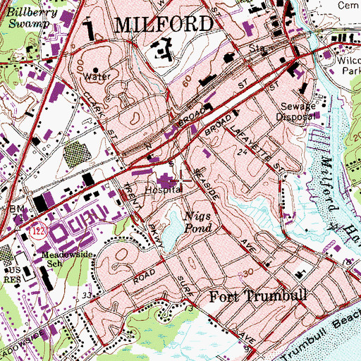 Topographic Map of Milford Hospital, CT