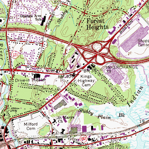 Topographic Map of Milford Plaza Shopping Center, CT