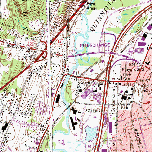 Topographic Map of Pines Bridge Historic District, CT
