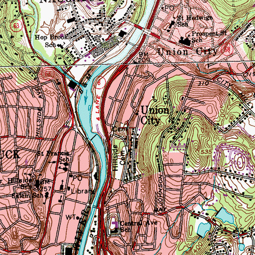 Topographic Map of Pine Hill Cemetery, CT