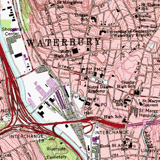 Topographic Map of Waterbury Baptist Ministries, CT