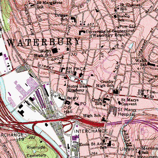 Topographic Map of Waterbury Green, CT