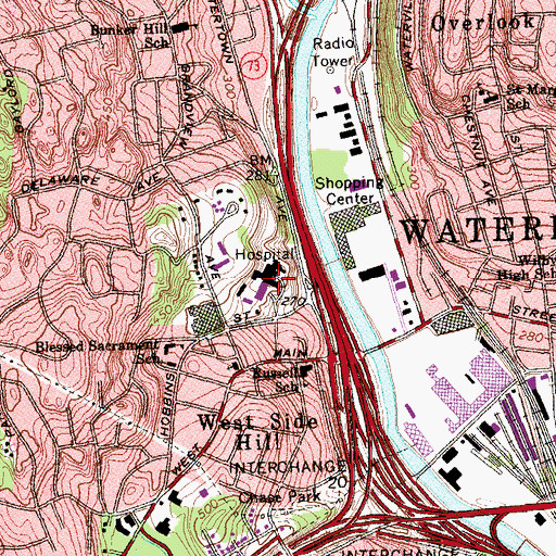 Topographic Map of Waterbury Hospital, CT
