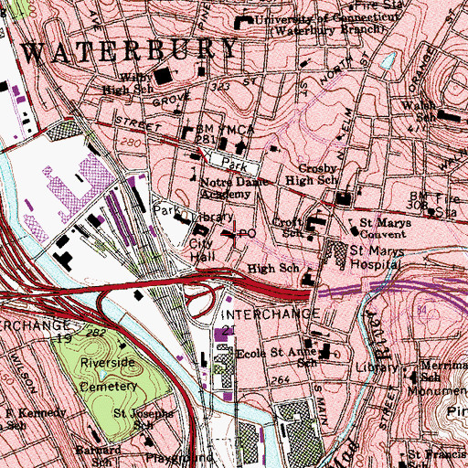 Topographic Map of Waterbury Post Office, CT