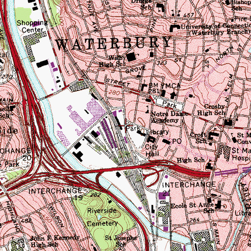 Topographic Map of Waterbury Republican and American Library, CT