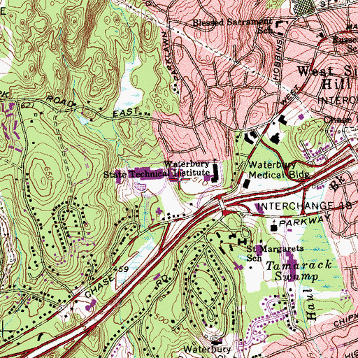 Topographic Map of Waterbury State Technical College, CT