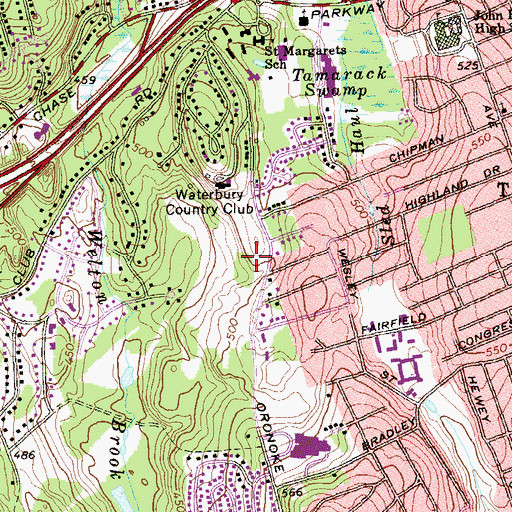 Topographic Map of West Side Middle School, CT