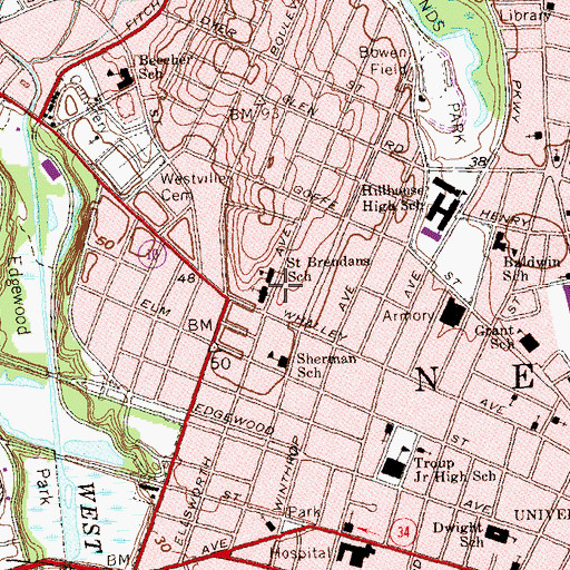 Topographic Map of Whalley Center, CT