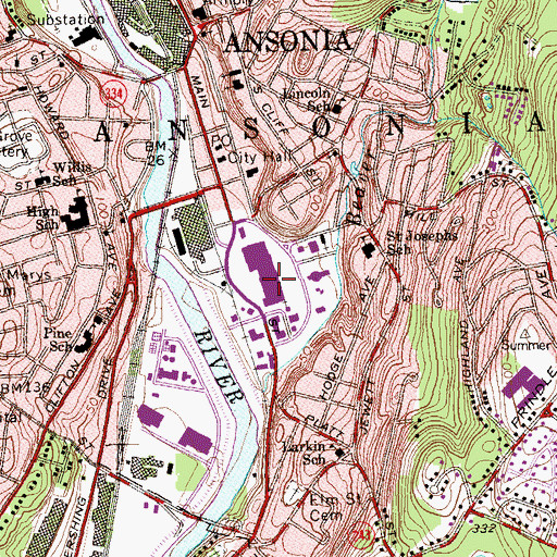 Topographic Map of Ansonia Mall Shopping Center, CT