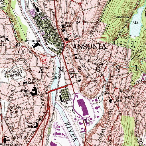 Topographic Map of Ansonia Post Office, CT