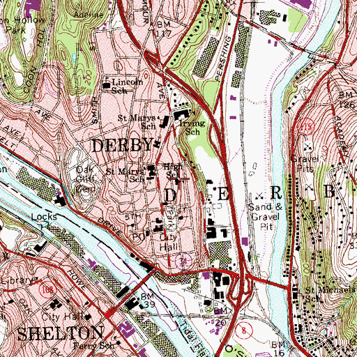 Topographic Map of Derby High School, CT