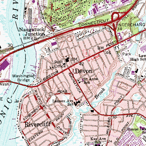 Topographic Map of Devon Post Office, CT