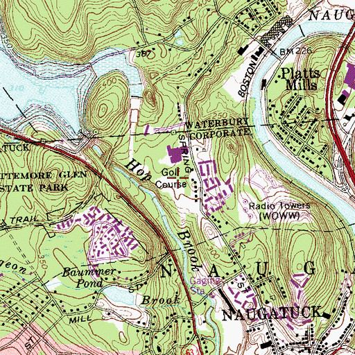 Topographic Map of Hop Brook Municipal Golf Course, CT