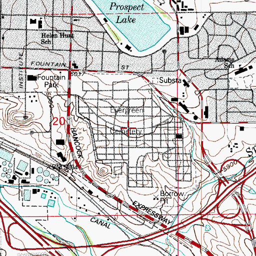 Topographic Map of Evergreen Cemetery, CO