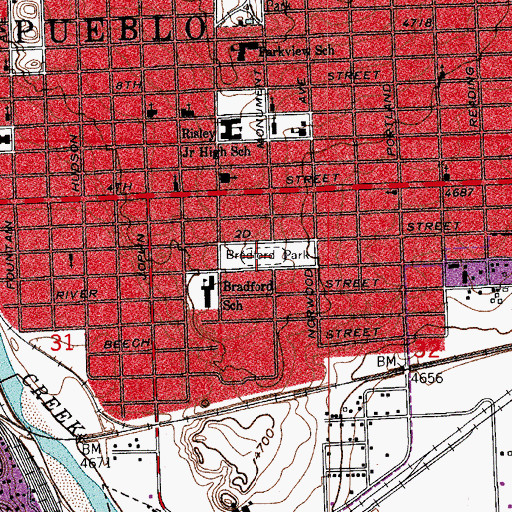 Topographic Map of Bradford Park, CO