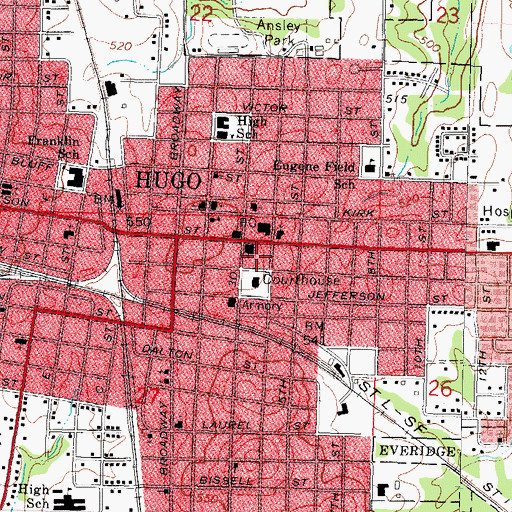 Topographic Map of Hugo Division, OK