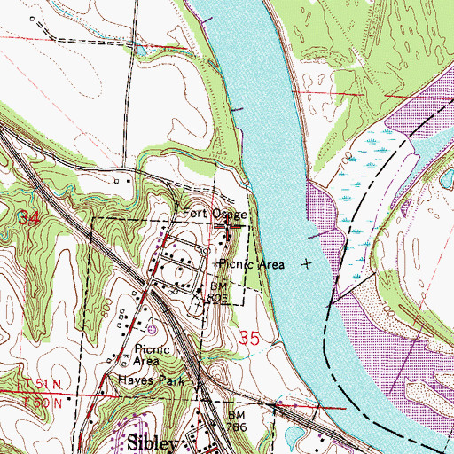 Topographic Map of Fort Osage Historic Site, MO