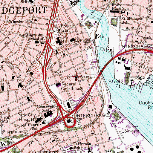 Topographic Map of Bridgeport Public Library, CT