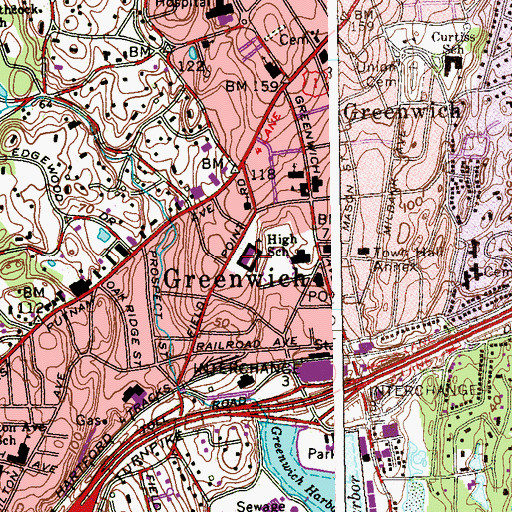 Topographic Map of Greenwich High School, CT