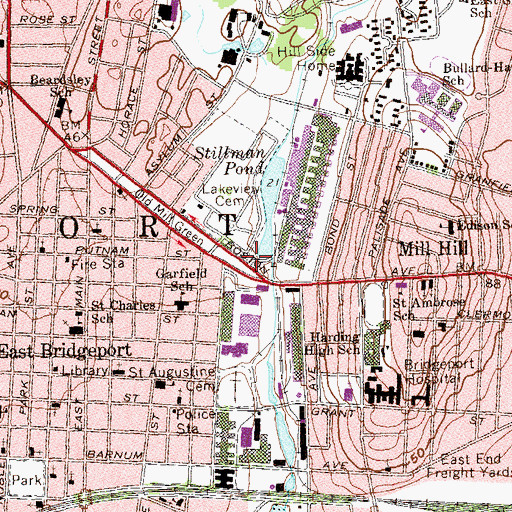 Topographic Map of Old Mill Green Branch Bridgeport Public Library, CT