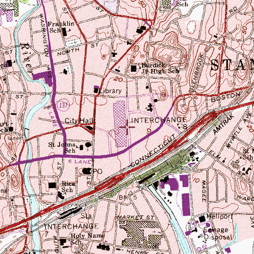 Topographic Map of Stamford Town Center Shopping Center, CT