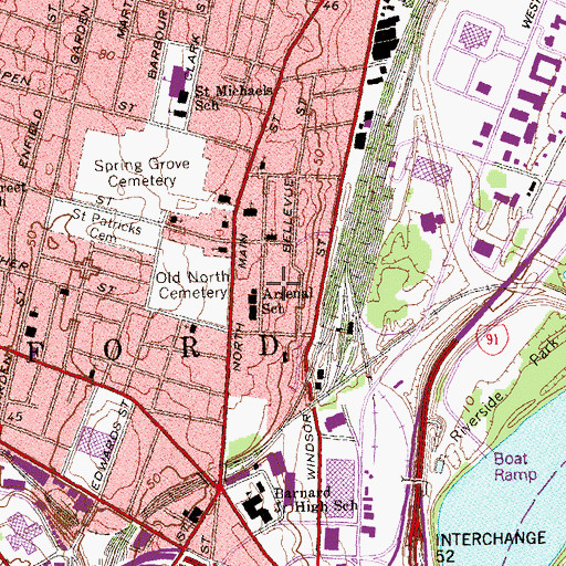 Topographic Map of Bellvue Square Park, CT