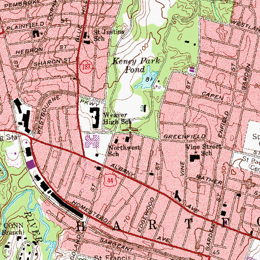 Topographic Map of Blue Hills Community Center, CT