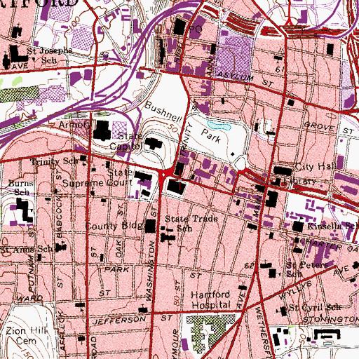 Topographic Map of Bushnell Memorial Library, CT