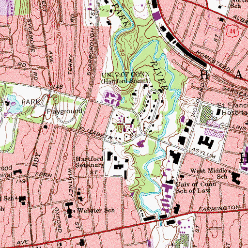 Topographic Map of Hartford College for Women, CT