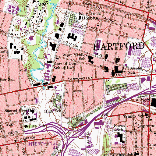 Topographic Map of Mark Twain Branch Hartford Public Library, CT