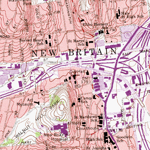 Topographic Map of New Britain Public Library, CT