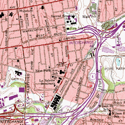 Topographic Map of Parkville Community School, CT