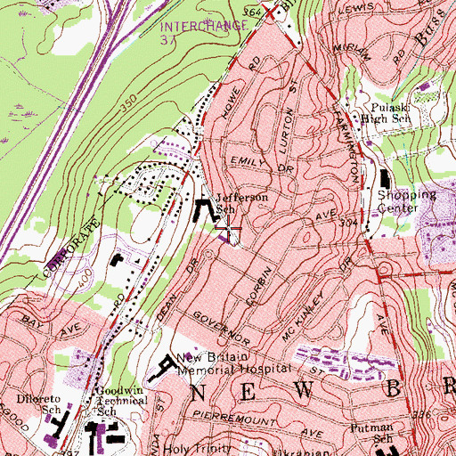 Topographic Map of Thomas Jefferson Branch New Britain Public Library, CT