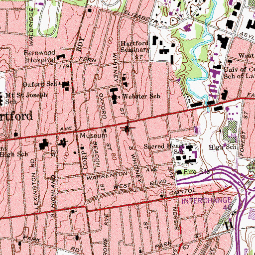 Topographic Map of West Hartford United Methodist Church, CT