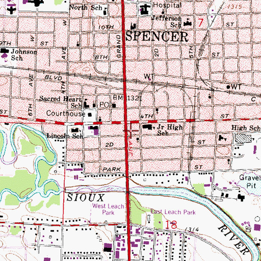Topographic Map of Spencer Public Library, IA