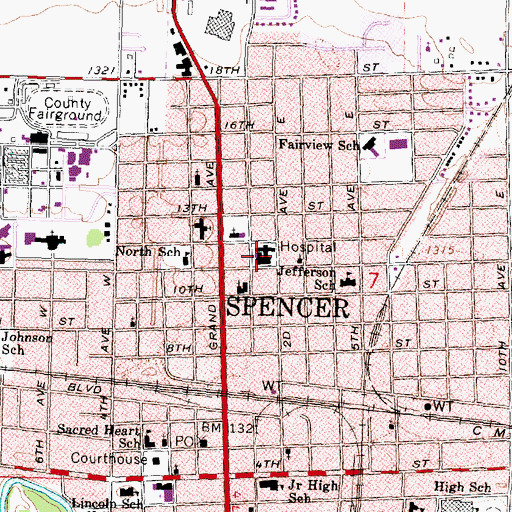 Topographic Map of Spencer Hospital, IA