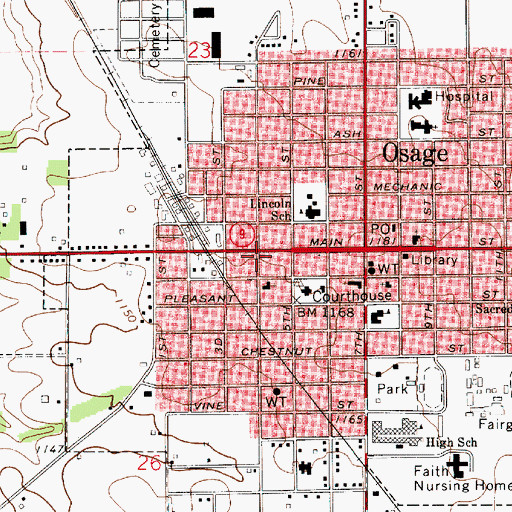 Topographic Map of Osage Public Library, IA