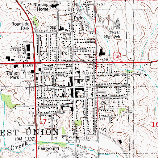Topographic Map of Fayette County Courthouse Twice Burned Historical Marker, IA