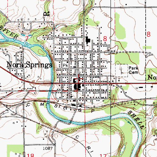 Topographic Map of Nora Springs Library, IA