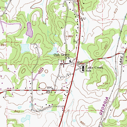 Topographic Map of Oak Grove Baptist Church Cemetery, GA