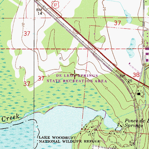 Topographic Map of De Leon Springs State Park, FL