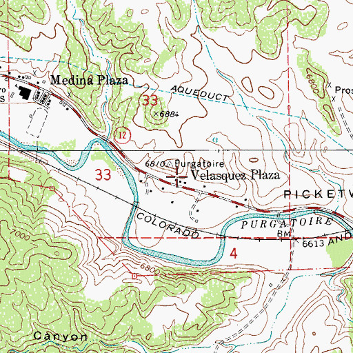 Topographic Map of Velasquez Plaza, CO