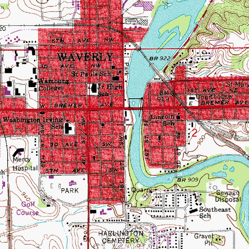 Topographic Map of Waverly Volunteer Fire Department, IA
